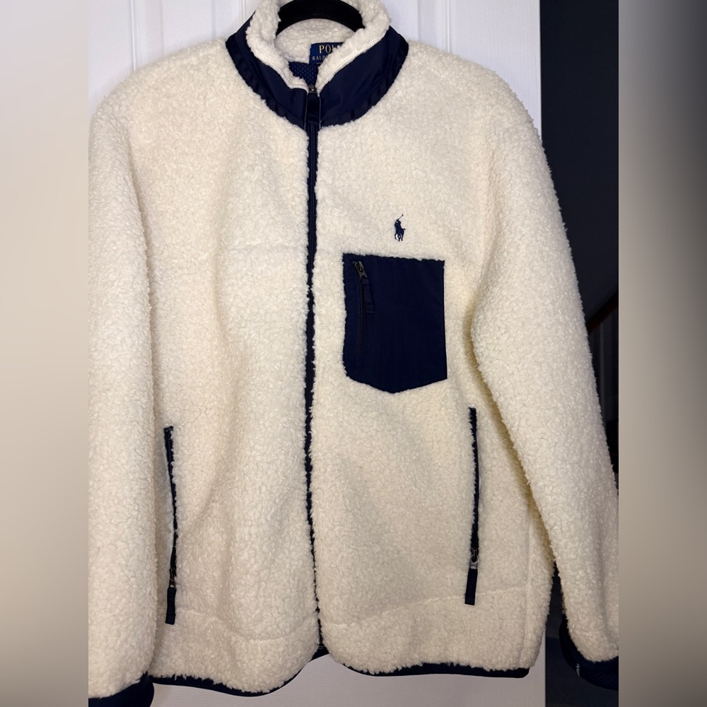 Ralph Lauren Men's Cream and Navy Pile Fleece Hybrid Jacket - Picture 5 of 13